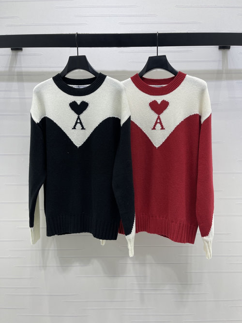 Ami Wool Blend Knit Sweater with Heart Pattern on Back