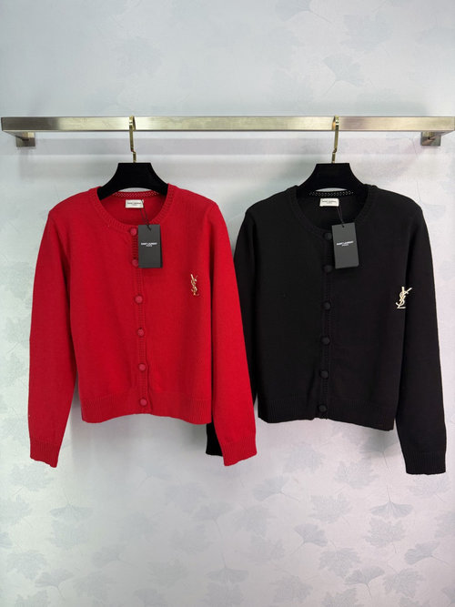Yves Saint Laurent Classic Round Neck Cardigan with Metal Logo, Festive Red or Versatile Black