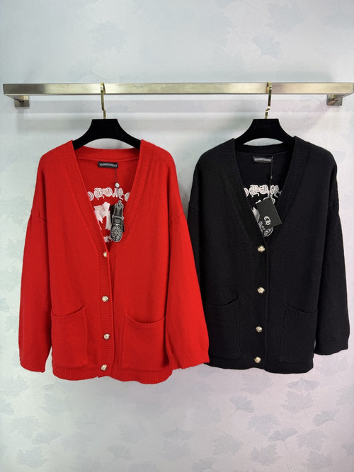 Chrome Hearts V-Neck Cardigan with Metal Buttons, Bright Red or Ideal for Everyday Wear