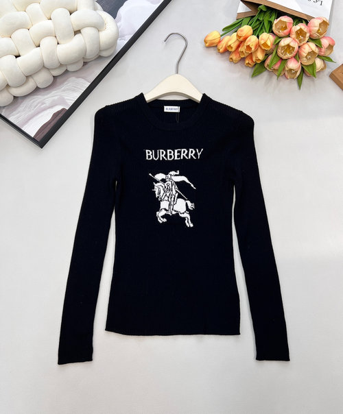 Burberry Ribbed Knit Long Sleeve Top with Contrast Logo