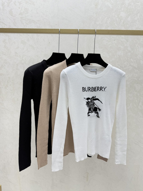 Burberry Autumn New Knitted Long-Sleeved Top with Contrast Warhorses in White, Khaki and Black