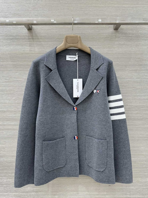 Thom Browne Classic Stripe Dog - embroidered Knitted Coat with Three - color Buttons