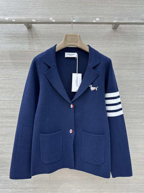 Thom Browne Classic Stripe Dog - embroidered Knitted Coat with Three - color Buttons