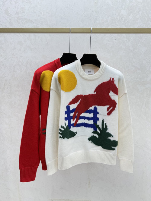 Ami Autumn Knit Long Sleeve with Contrasting Pony Jacquard