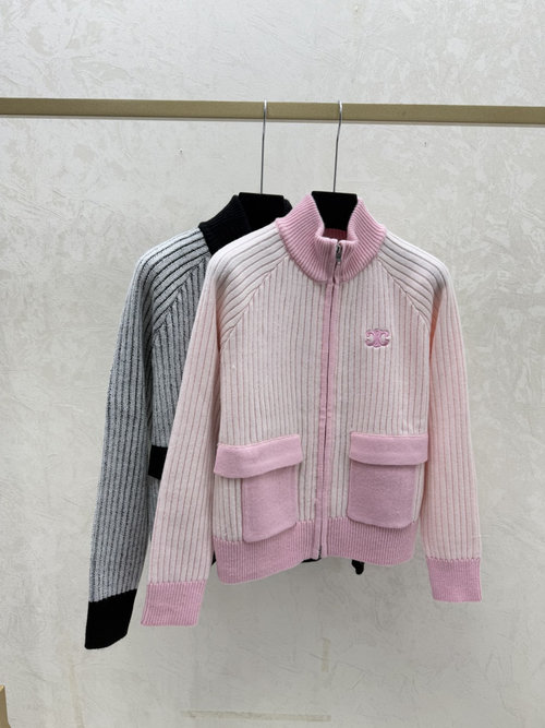 Celine Solid Color High Neck Long-Sleeved Knit Cardigan in Pink or Black