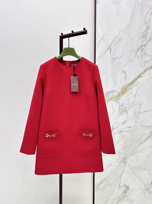 Gucci Elegant Round - Neck Horsebit Short - Sleeve Dress with Glossy Finish