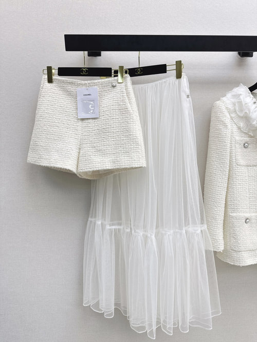 Chanel Exclusive Tweed Shorts and Mesh Maxi Skirt Set