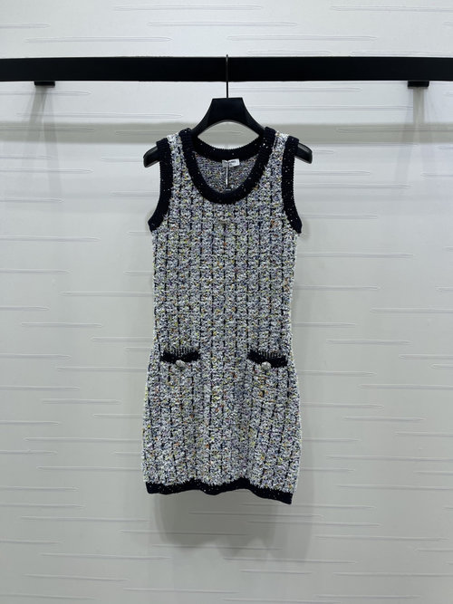 Chanel Sequined Bobbinet Round Neck Knit Vest Dress with Crystal Buttons