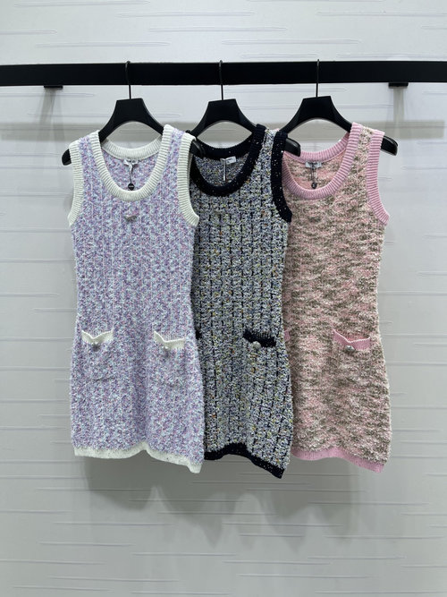 Chanel Sequined Bobbinet Round Neck Knit Vest Dress with Crystal Buttons