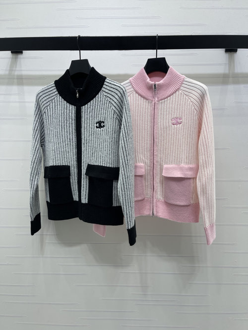 Celine Luxurious Contrasting Color Stand-up Collar Knit Cardigan, Stylish and Warm