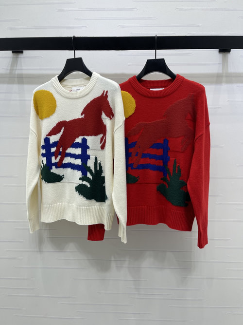 Ami Embroidered Pony Round-Neck Knit Sweater