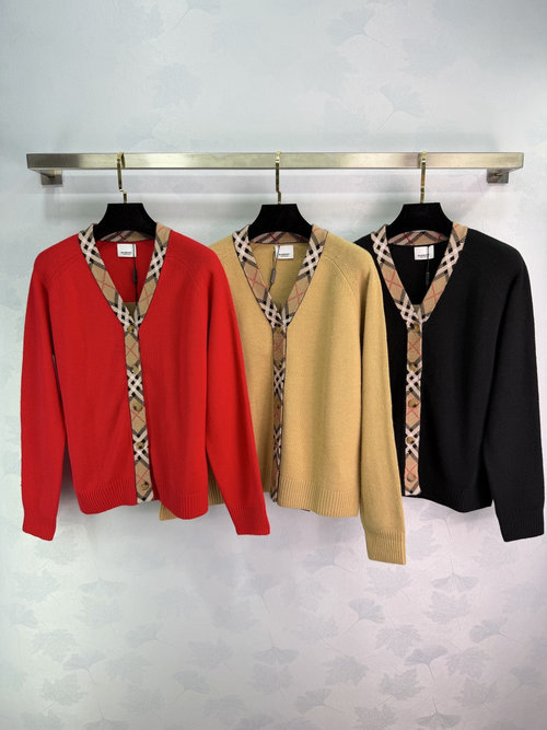 Burberry V-Neck Checkered Knit Cardigan with Contrast Trim