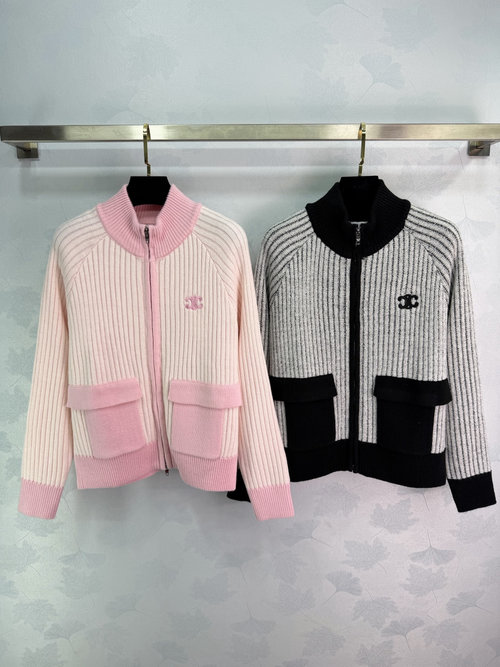 Celine Classic Logo Zipper Striped Knitted Cardigan