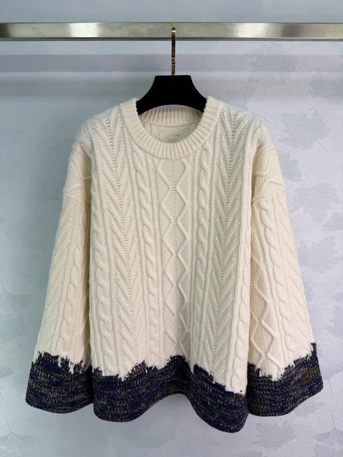 Loewe Cream and Navy Contrast Twist Pattern Knitted Sweater