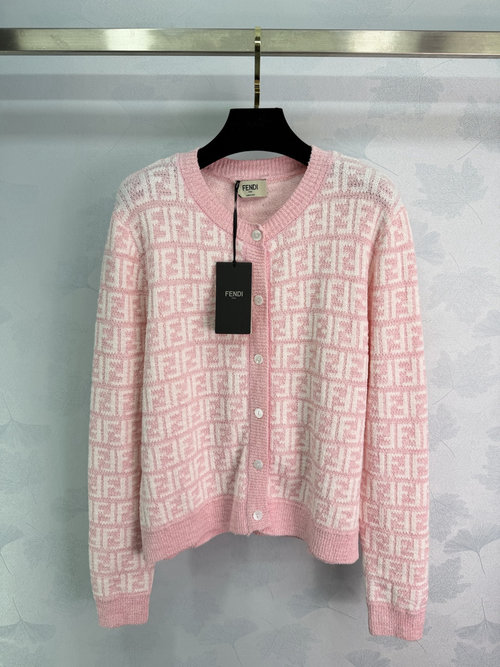 Fendi Pink & White Knit Cardigan with FF Motif, Classic Charm
