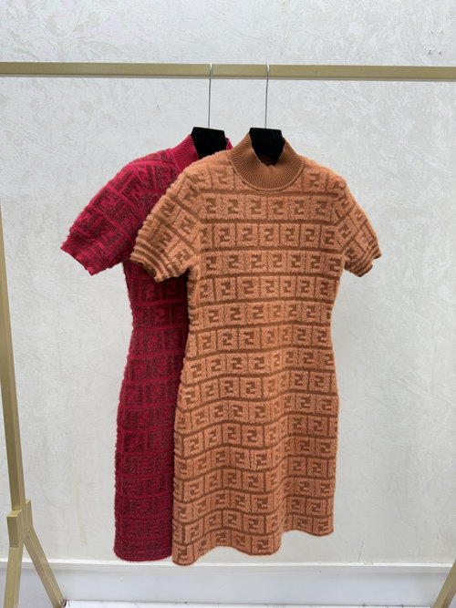 Fendi Vintage High Neck Knit Dress in Red and Khaki