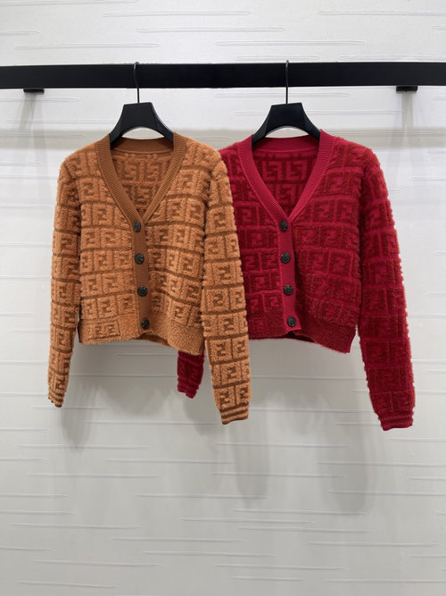 Fendi High - Quality Jacquard V - Neck Long Sleeve Cardigan