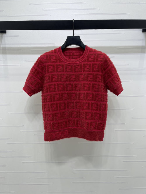 Fendi Relaxed High - Quality Jacquard Knit Short - Sleeve with Marabou