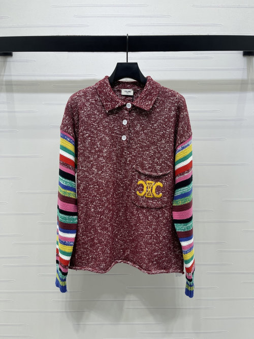 Celine Retro Flip Collar Rainbow Striped Knit Sweater