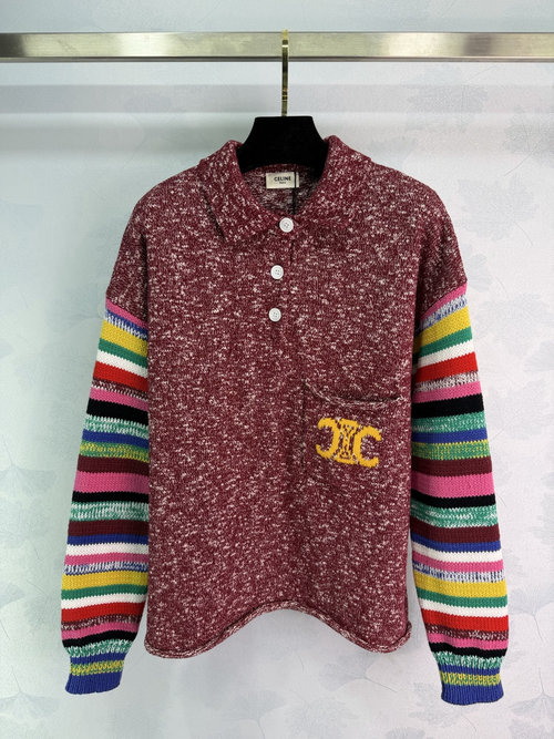 Celine Striped Sleeve Wine Red Knit Sweater with Embroidered Logo