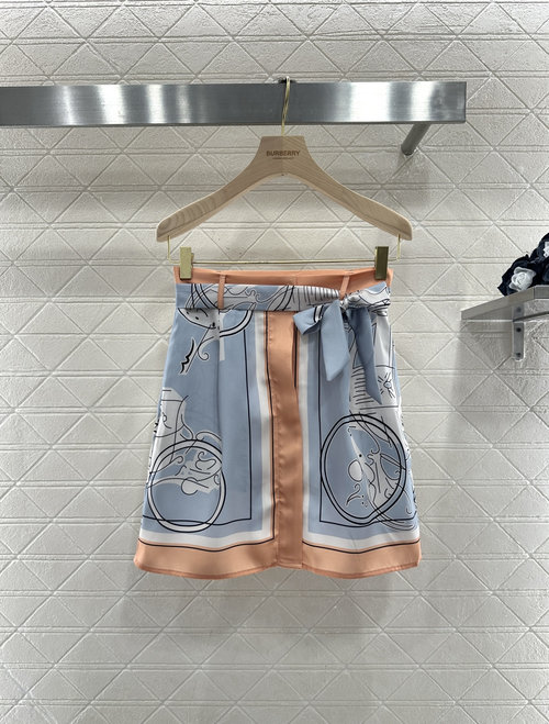 Hermes Silk Print Shirt-Skirt Set with Orange Trim, Elegant Look