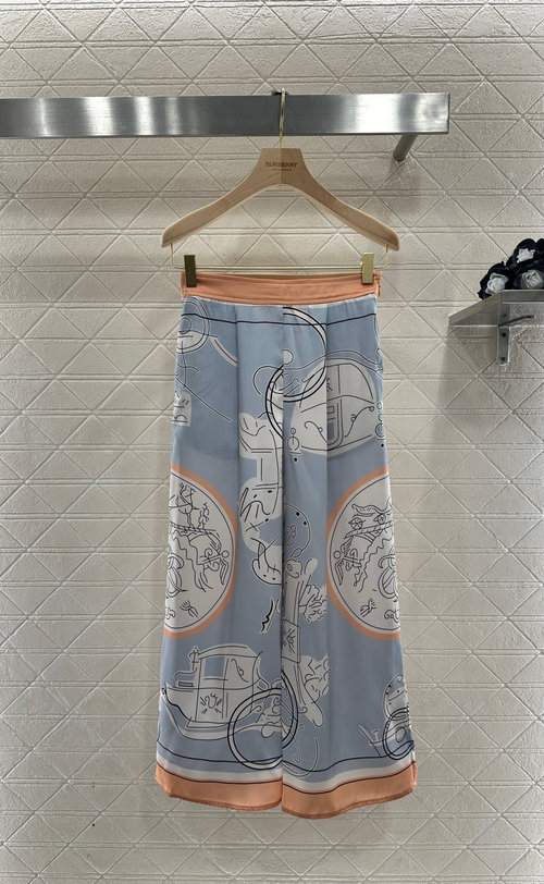 Hermes Silk Print Cropped Trousers with Orange Trim, Resort Style
