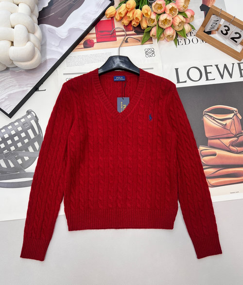 Polo Ralph Lauren V-Neck Twisted Soft Wool Sweater with Pony Embroidery