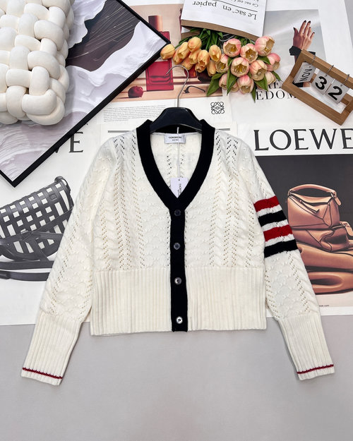 Thom Browne Classic Fair Isle Knit V-Neck Cardigan with Shell Buttons