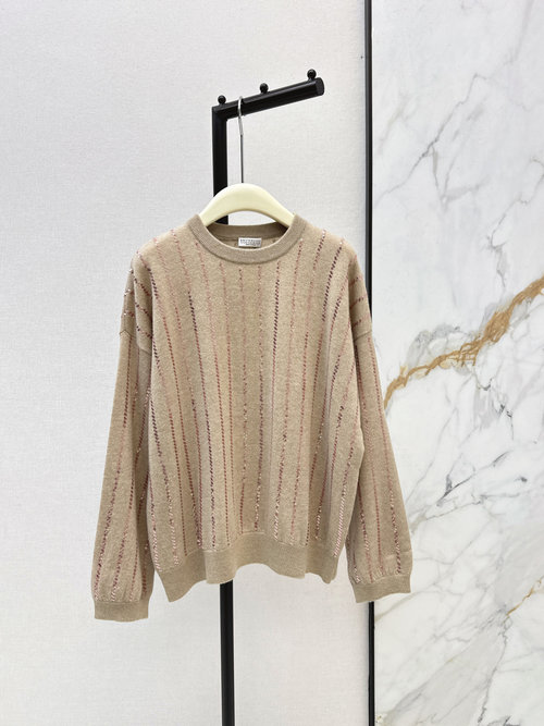 Brunello Cucinelli Luxurious Striped Beaded Cashmere Top with Embroidery