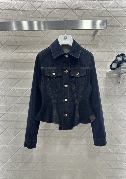 Louis Vuitton Fitted Denim Jacket & Flared Skirt with Gold Buttons