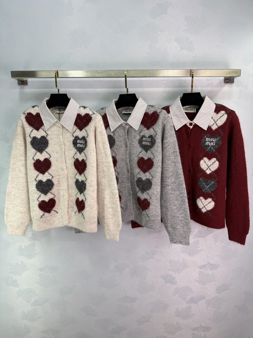 Miu Miu Striped Collar Heart Pattern Knit Cardigan with Brand Embroider