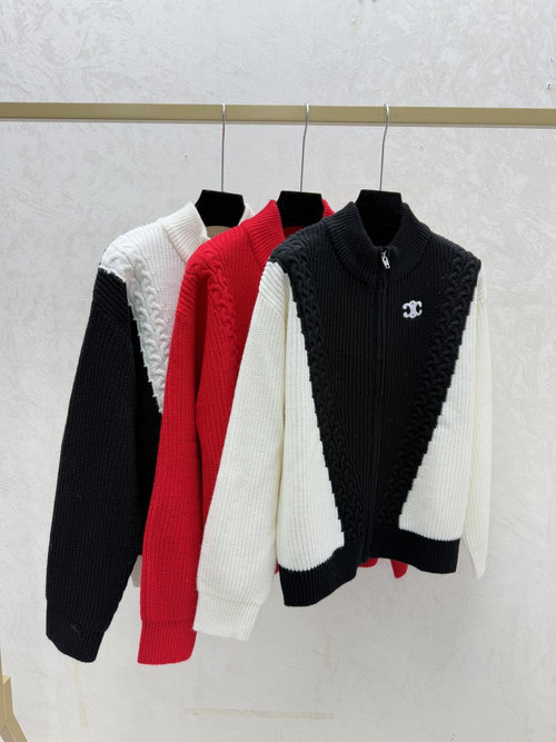 Celine Elegant Contrast High Neck Long Sleeve Cardigan in White, Red & Black