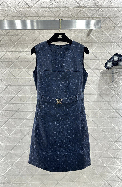 Louis Vuitton Imported Satin Belted Tank Dress with Retro Print