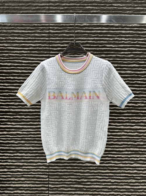 Balmain Rainbow Jacquard Letter Knitted Short Sleeve