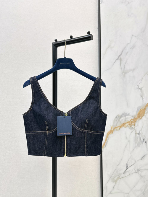 Louis Vuitton Stylish Dark Blue Denim Zip Vest with Yellow Stitching
