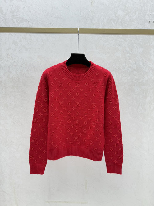Louis Vuitton Red Long Sleeve Knit Top with Floral Letters