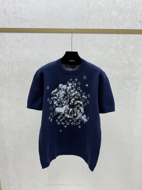 Louis Vuitton Color-blocked Vintage Letter Round-neck Knit Short Sleeve in Royal Blue