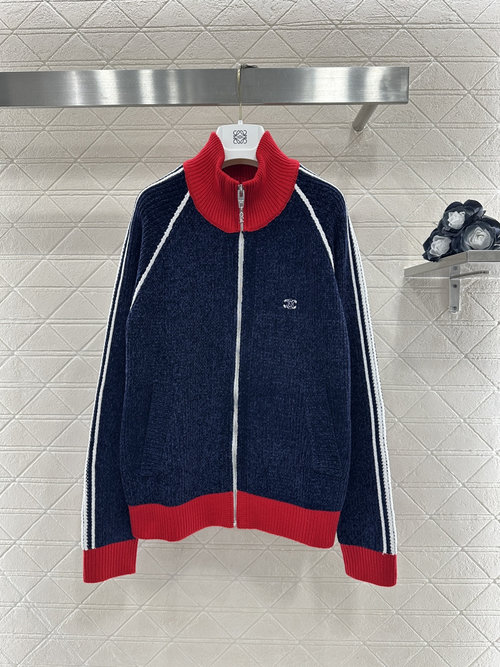 Celine Custom YB Wool Yarn Knit Collar Jacket with Color Block & Logo