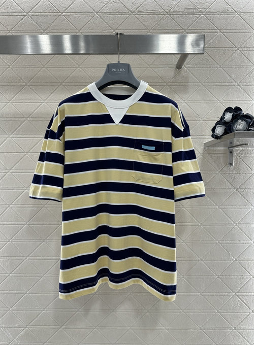 Prada Cotton Round-neck Striped Short-sleeve Top with Details