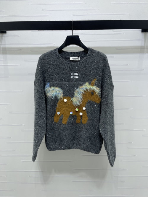 Miu Miu Charming Tassel Sequin Pony Knit Sweater for Daily Wear