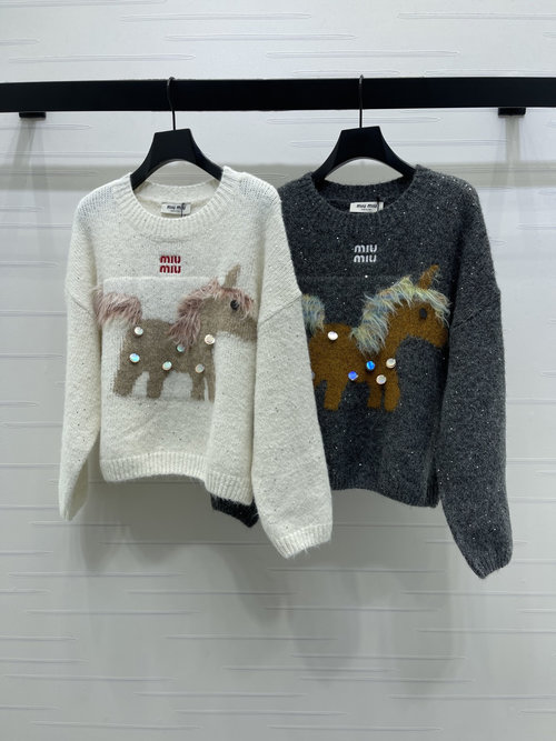 Miu Miu Charming Tassel Sequin Pony Knit Sweater for Daily Wear
