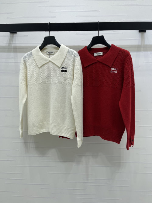 Miu Miu Cable Knit Collar Sweater with Embroidered Logo, Soft and Cozy