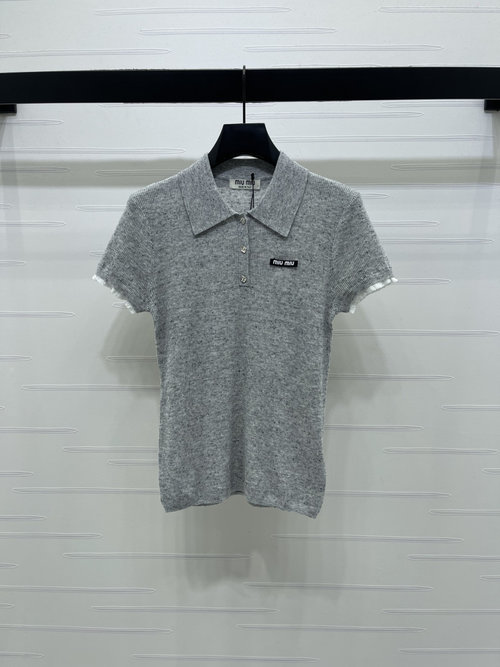 Miu Miu Floral Yarn Collared Knit Short Sleeve, Versatile Style