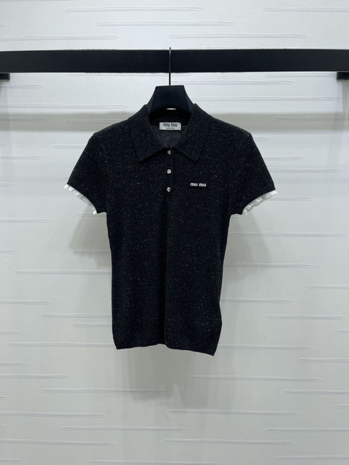 Miu Miu Floral Yarn Collared Knit Short Sleeve, Versatile Style