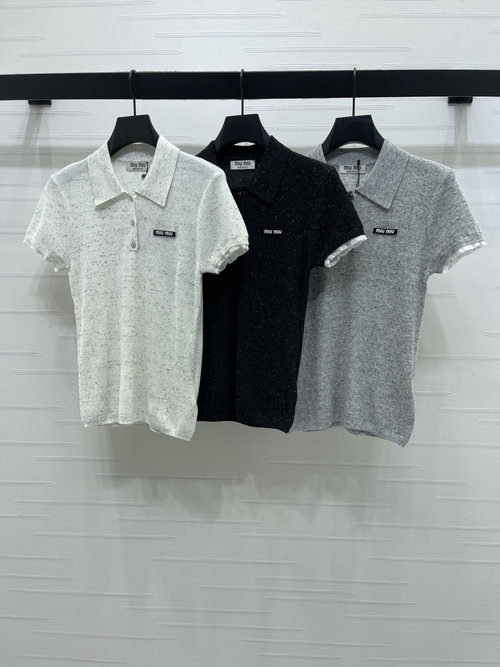 Miu Miu Floral Yarn Collared Knit Short Sleeve, Versatile Style