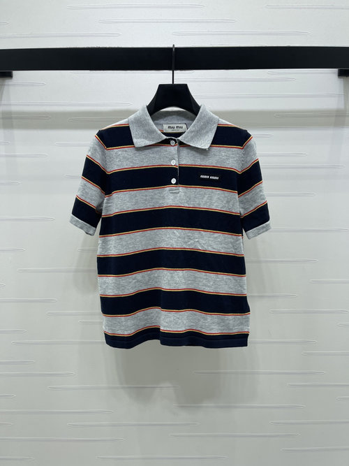Miu Miu Imported Stripe and Logo Silk-Wool Knit Short-Sleeve