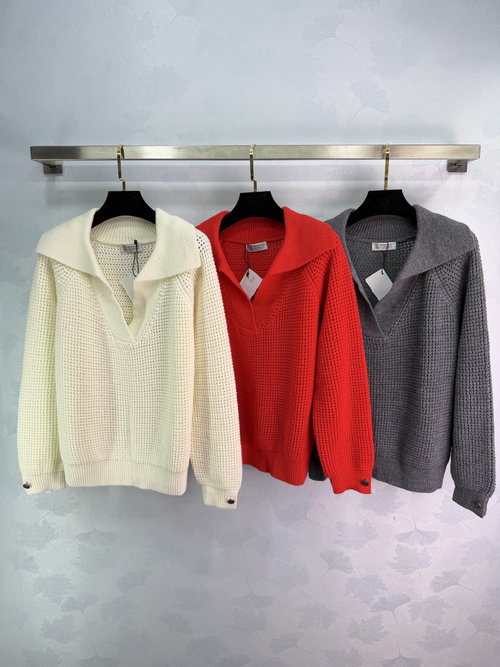 Brunello Cucinelli V-Neck Waffle Texture Knit Long-Sleeve Top