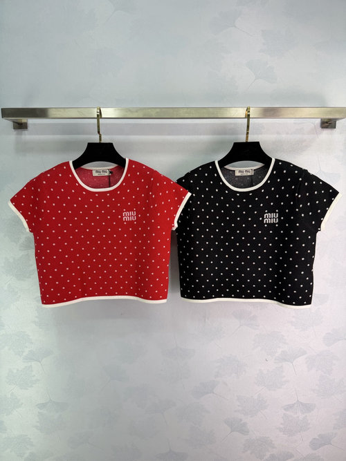 Miu Miu Polka Dot Round Neck Knit Short Sleeve, Refined Style