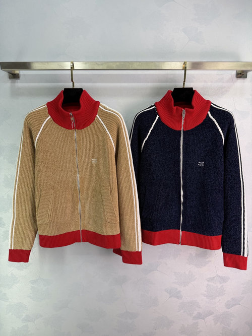 Celine Color-Blocked Standing Collar Knit Jacket, French Vintage