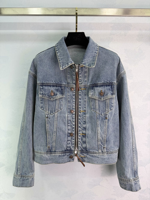 Celine Denim Jacket with Double Zippers, Retro and Casual Style